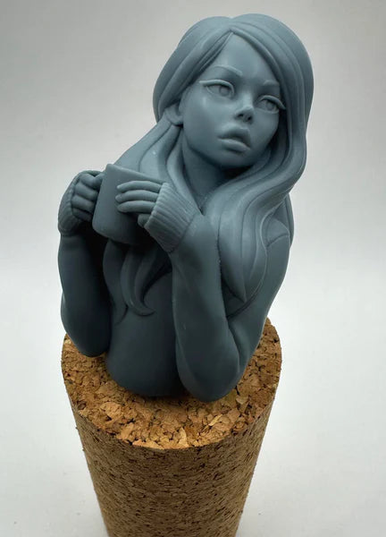 Highly detailed stylized female resin bust with long hair and cozy sweater, holding a mug in relaxed pose — unpainted 3D print for painters and display collectors by Proxy Wargaming Australia.