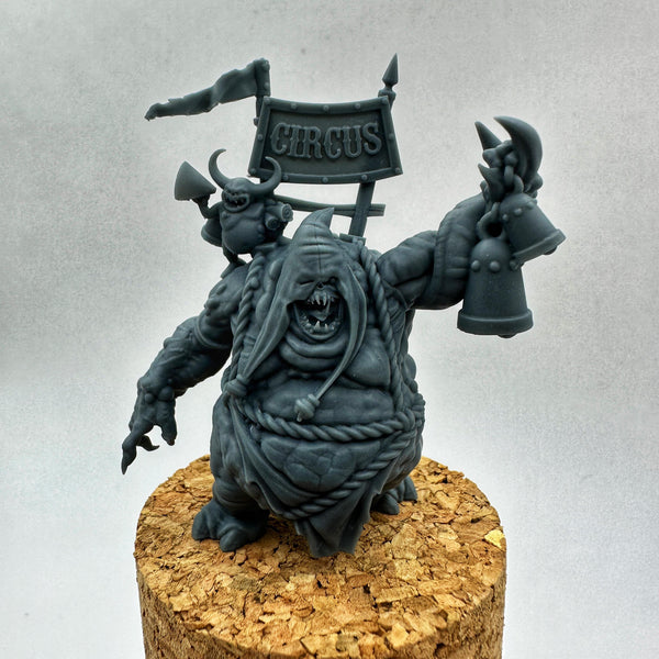 Highly detailed circus-horror resin miniature of bloated mutant creature with hood, rope accents, horned performer on back, and large bell — unpainted 3D print for grimdark tabletop and display, Proxy Wargaming Australia.