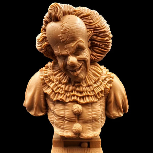 Detailed horror clown bust with sinister smile, puffed sleeves, textured ruffled collar and cracked skin effect — unpainted resin display model for painters and collectors, Proxy Wargaming Australia.