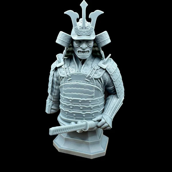 Highly detailed samurai bust in traditional armor with menacing face mask, kabuto helmet and katana hilt — unpainted resin display model for hobby painters and collectors, Proxy Wargaming Australia.