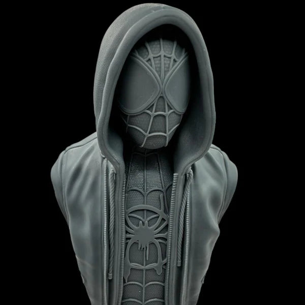 Unpainted resin bust of masked urban hero wearing hooded jacket and textured suit with chest symbol — high-detail display miniature for painters and collectors, Proxy Wargaming Australia.