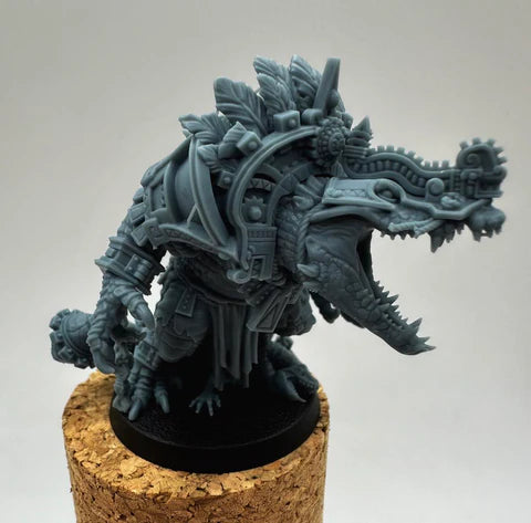 3D-printed reptilian warrior beast miniature with Aztec-inspired armor and feathered headdress, resin model for fantasy tabletop games – Proxy Wargaming Australia.