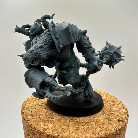 Highly detailed monstrous rat warrior with metal armor, mechanical claw, and spiked flail, premium 3D-printed resin miniature for fantasy tabletop wargames – Proxy Wargaming Australia.