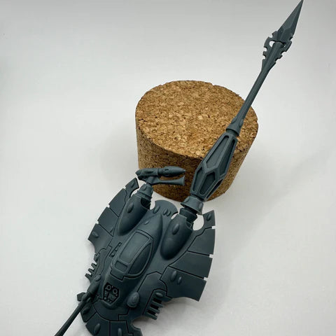 High-detail sci-fi skimmer model with armored hull, fins, and extended lance weapon, unpainted 3D resin print for tabletop wargaming – Proxy Wargaming Australia.