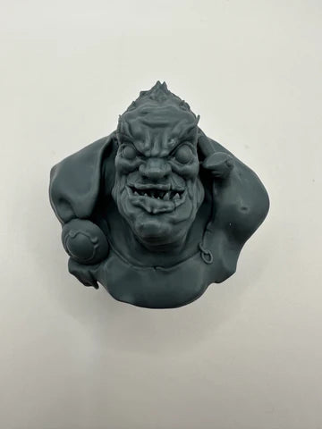 Highly detailed resin bust of monstrous ogre creature with distorted face and muscular shoulders, unpainted 3D print for fantasy hobby display – Proxy Wargaming Australia.